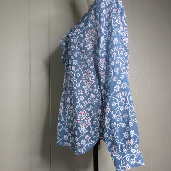 Ann Taylor Loft Sheer Blouse XS Ruffle Floral Blue Red White Long Sleeve - Picture 10 of 11